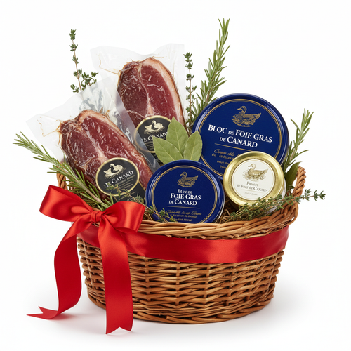 Cesta de mimbre gourmet con jamón ahumado de pato, foie gras y parfait de foie